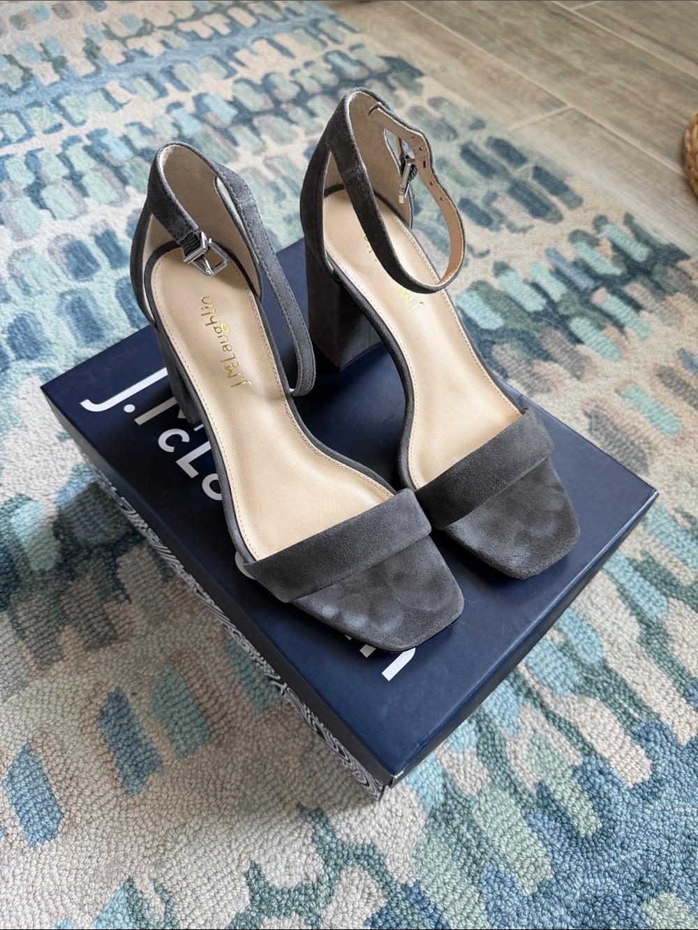J. McLaughlin Esme Gray Suede Block Heel Sandals with Ankle Strap
